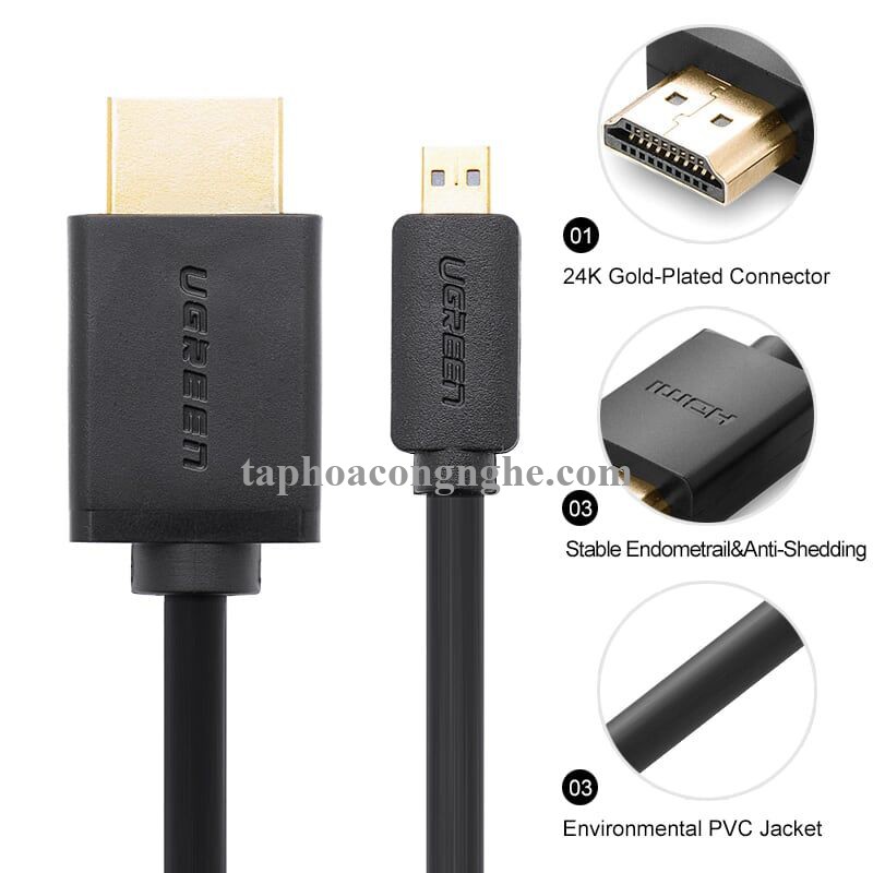 Ugreen 30104 3M màu Đen Cáp chuyển đổi Micro HDMI sang HDMI thuần đồng HD127 30030104
